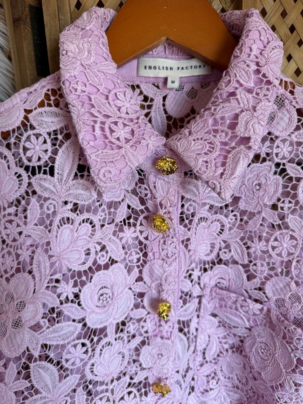 English Factory Pink Lace Crochet Button-Front Top - Picture 5 of 10